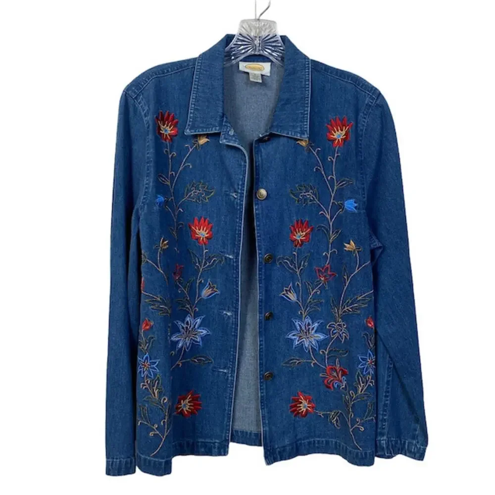 TALBOTS Sz 8 Embroidered Denim Shirt Jacket Boho Floral Jean Metal Buttons